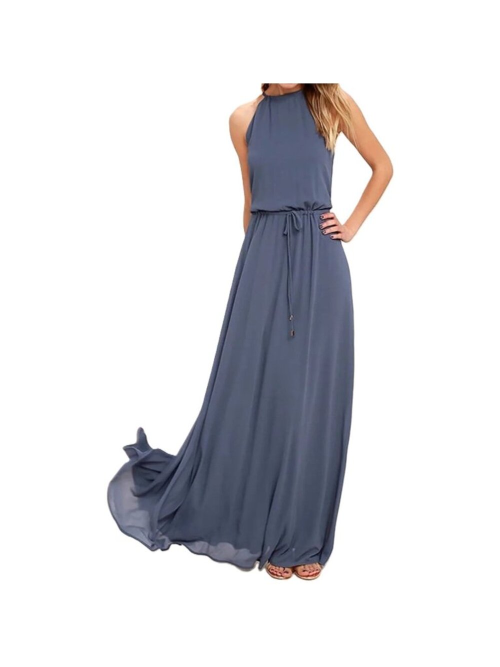 Lulus Be Mellow Chiffon Tank Maxi Dress Halter Neck Blue Size Medium NWT